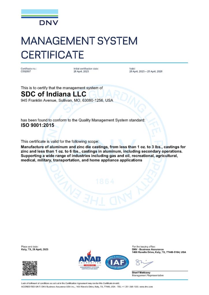 SDC of Indiana, LLC ISO-9001-2015